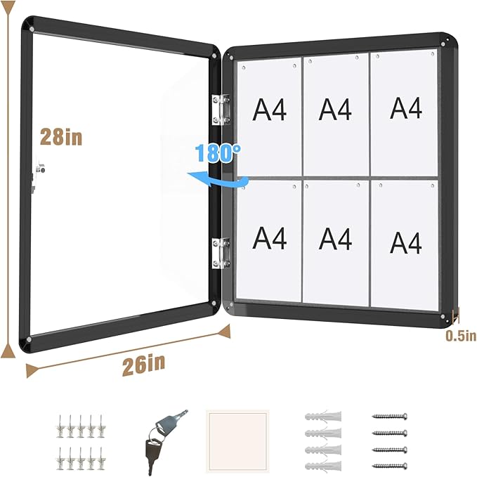 28"x26" Enclosed Bulletin Board, Lockable Weather-Resistant Aluminum Cork Noticeboard for School & Office, Black Frame w/Grey Flet