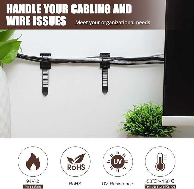 50Pcs Adjustable Adhesive Cable Management Clips, Nylon Cable Strap Ties Wire Clips Clamps Organizer with Strong Adhesive Tape, Extra Screw & Hole for Strong Fixation Home Office - 3.35 Inch Black