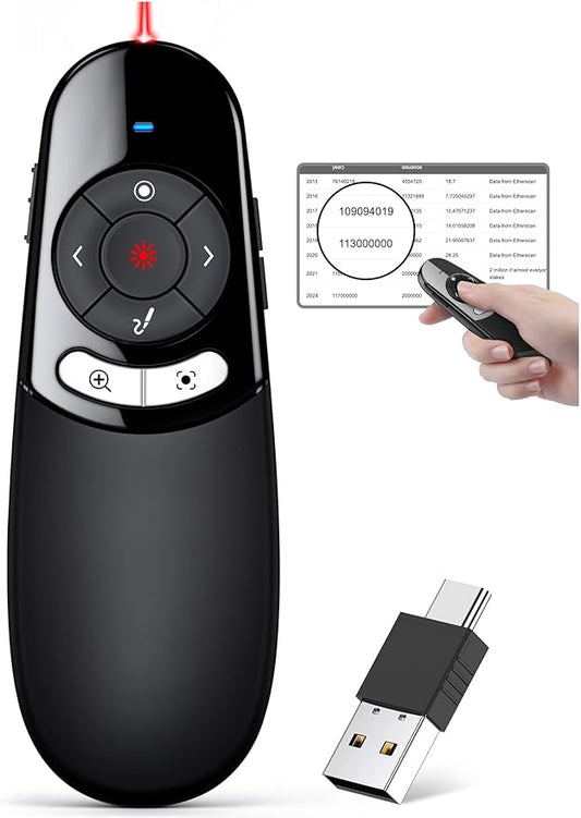 2 in 1 USB Type C Spotlight Presentation Clicker, Advanced Digital Highlighting Magnifier Wireless Presenter for for LED LCD, 2.4GHz PowerPoint Presentation Remote