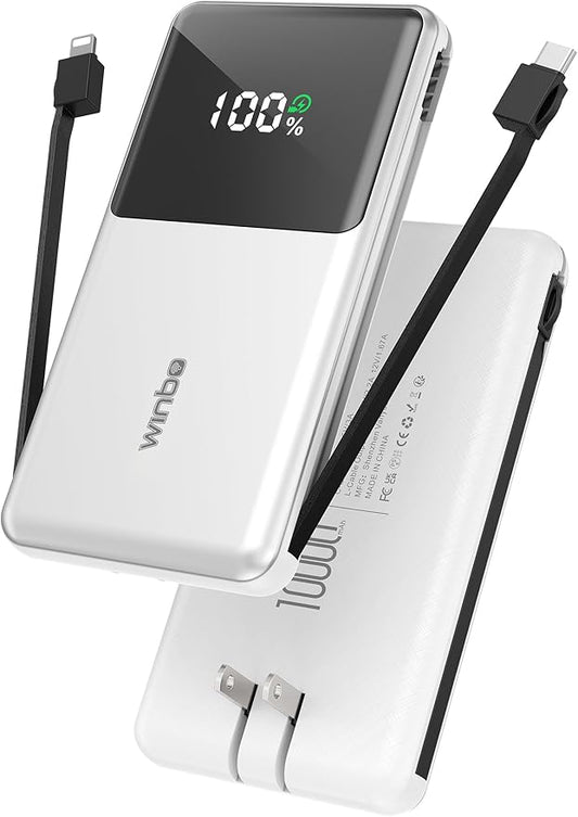 Portable Charger with Built in Cables, 10000mAh Power Bank with Wall Plug, Travel Essential Fast Charging Battery Pack for iPhone 17 16 15 14 etc(White)