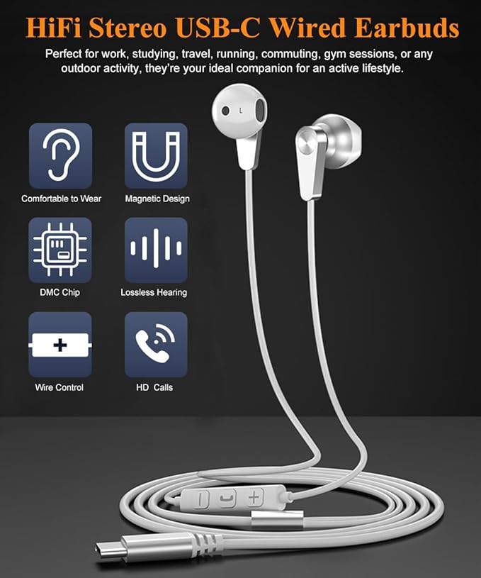 USB C Headphones, USB-C Magnetic Wired Earbuds HiFi Stereo Type C Earphones with Microphone Volume Control for iPhone 16 15 Pro Max Plus, iPad, Samsung Galaxy S25 S24 S23 Ultra, Pixel 9 8 7 and More