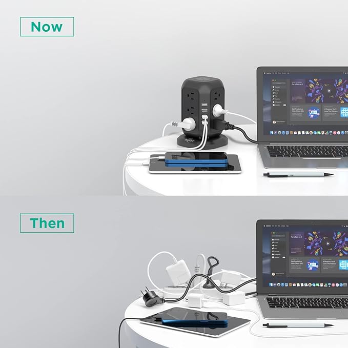 AiJoy Power Strip Tower 16.4 ft Cord, Surge Protector with 12 AC Outlet and 4 USB Ports, Charging Station Extension Cord with Multiple Outlets for Home, Office, Dorm Room Essentials black-15FT