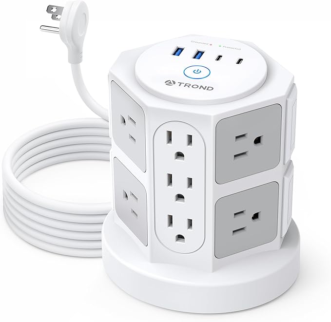 TROND Tower Surge Protector Power Strip, 10 ft Ultra Thin Flat Plug Extension Cord, 14 Widely Spaced Outlets and 4 USB Ports (2 USB-C), 2100J, Overload Protection for Home Office Desk, Dorm Essentials