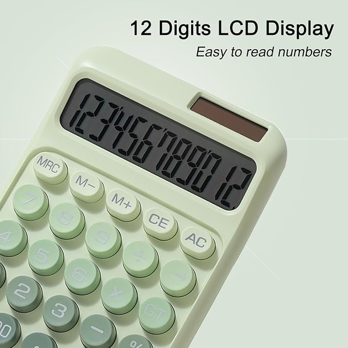 Desk Calculator, Merchanical Calculator Big Buttons,12 Digits Large LCD Display Calculator, Solar and Battery Dual Power, Battery Include, Cute Calculator for School,Office,Home,Business (Green)