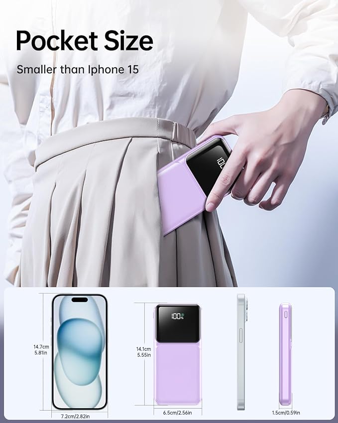 Portable Charger with Built in Cable - 20000mAh Fast Charging 22.5W Power Bank USB C LED Display Slim Battery Pack 5 Outputs & 3 Inputs for Travel Essentials iPhone Samsung Android Phones Tablets