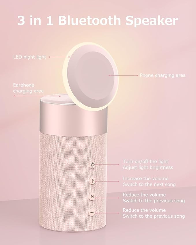 COLSUR Bluetooth Speaker, Magnetic Wireless Charger, Bluetooth Speakers with Night Light, 2 in 1 Wireless Charging Station for iPhone 16/15/14/13/12 Series, AirPods Pro/3/2（Gift Ideal） (Pink)