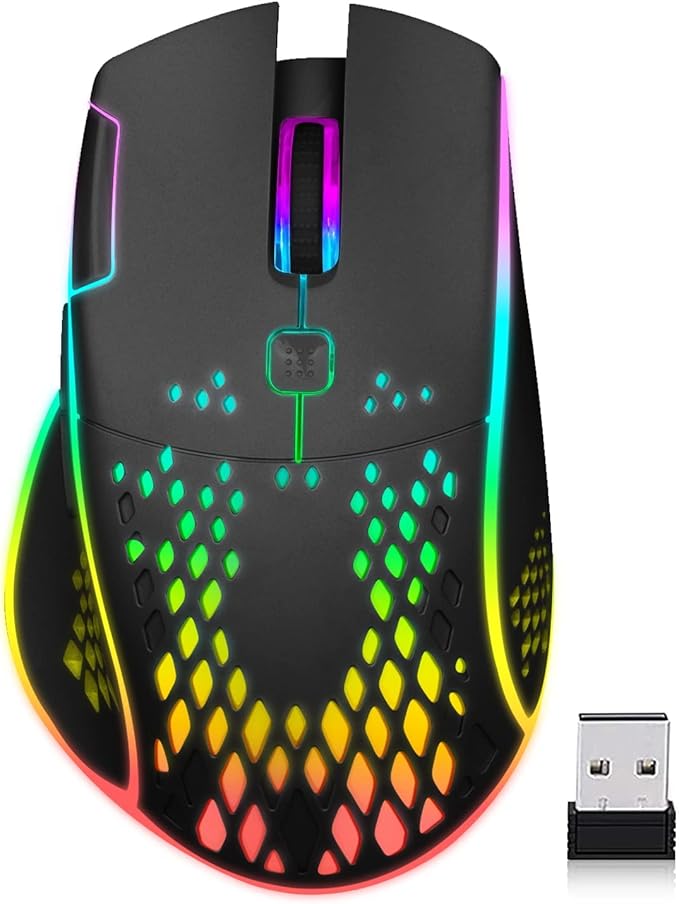 VEGCOO Wireless Gaming Mouse, C30 Silent Click Wireless Rechargeable Gaming Mouse with Double-Click Key and Colorful LED Lights, 3 Level Adjustable DPI, 400mah Lithium Battery for Gaming and Working