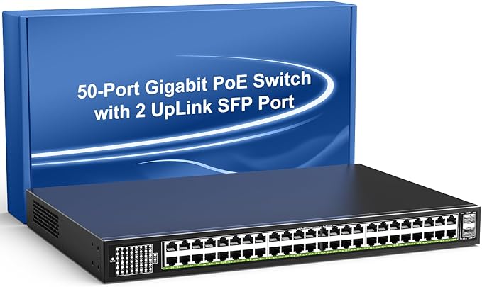 48-Port Gigabit PoE Switch Unmanaged with 2X 1000Mbps Uplink SFP Port, VIMIN 50-Port PoE Ethernet Switch Support IEEE802.3af/at, 400W Power, 100Gbps Switch Capacity，Plug and Play, Rack-Mount