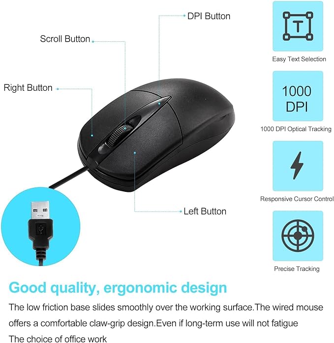 100 PCS Black Wired USB Computer Mouse Bulk - 1000 DPI 3 Button Corded with Home Office Noiseless Simple for Laptop Desktop PC