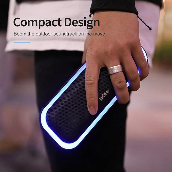 DOSS SoundBox Pro Bluetooth Speaker with 20W Stereo Sound, Active Extra Bass, 20H Playtime, IPX6 Waterproof, TWS Pairing, Multi-Colors Lights, Portable for Hiking, Camping, Beach, Outdoor, Party-Black