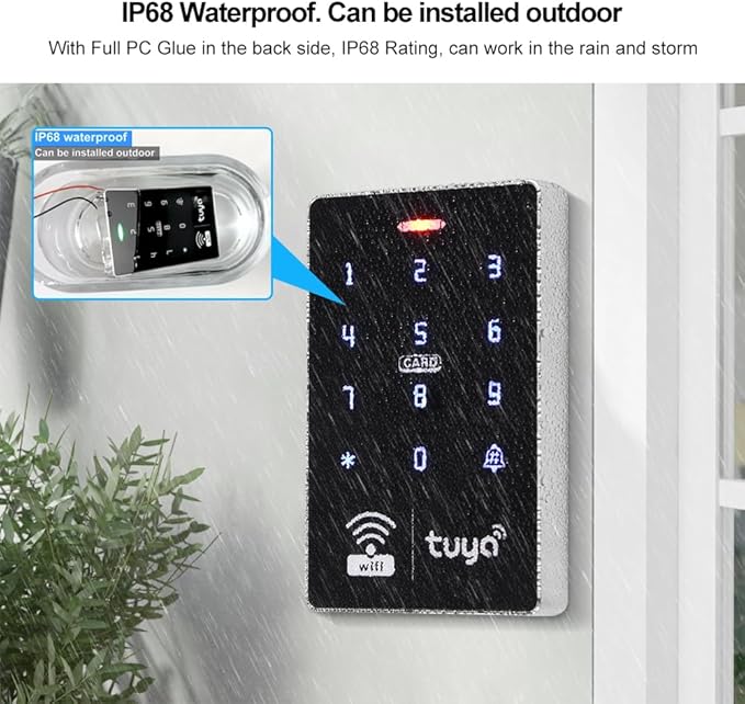 WiFi Smart Access Controller, IP68 Waterproof RFID Keypad, Tuya APP Remote Control, Wiegand 26/34, Dual-Frequency(125KHz/13.56MHz), Unlocking Records Tracking