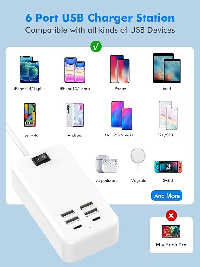6 Port USB Charger Station - USB C Charging Hub for Multiple Devices, iPhone 14/13 Pro Max/13 Pro/13, iPad Pro, Switch, Galaxy S21 (White)