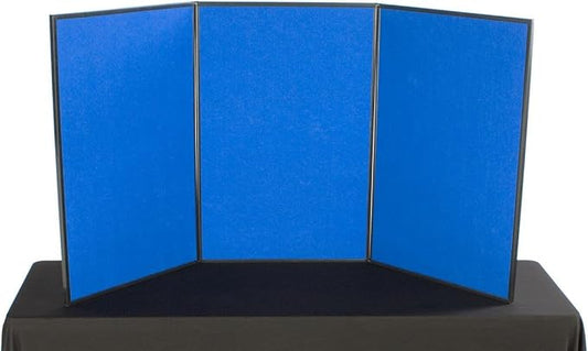 Tri Fold 3-Panel Display Board, 72 x 36, with Blue Hook & Loop-Receptive Fabric and Write-on Whiteboard