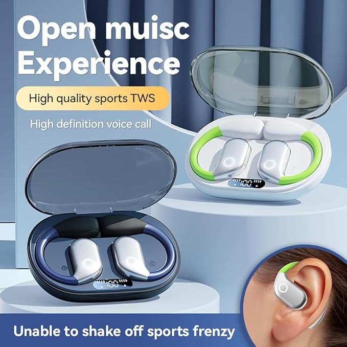 Open Ear Air Conduction Sports Earphone Bluetooth 5.4 LED Digital Display Wireless 360° ACS Surround Sound Ear Hook Sports Earbuds with Mic Bone Conduction for Driving and Listening to Music (Green)