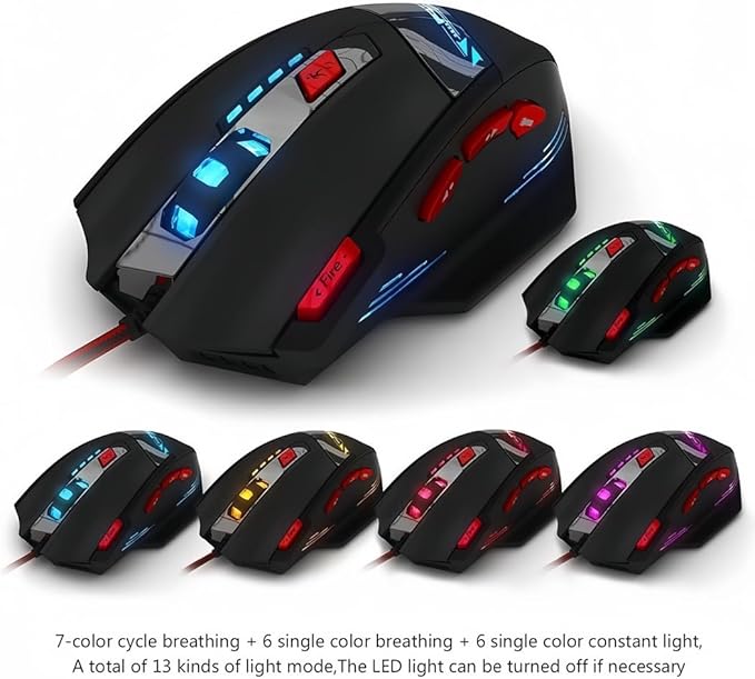 zelotes T90 Gaming Mouse 9200 DPI, 8 Programmable Buttons Multi-Modes LED Lights USB Gaming Mice, Weight Tuning for Laptop, Desktop, PC,- Black