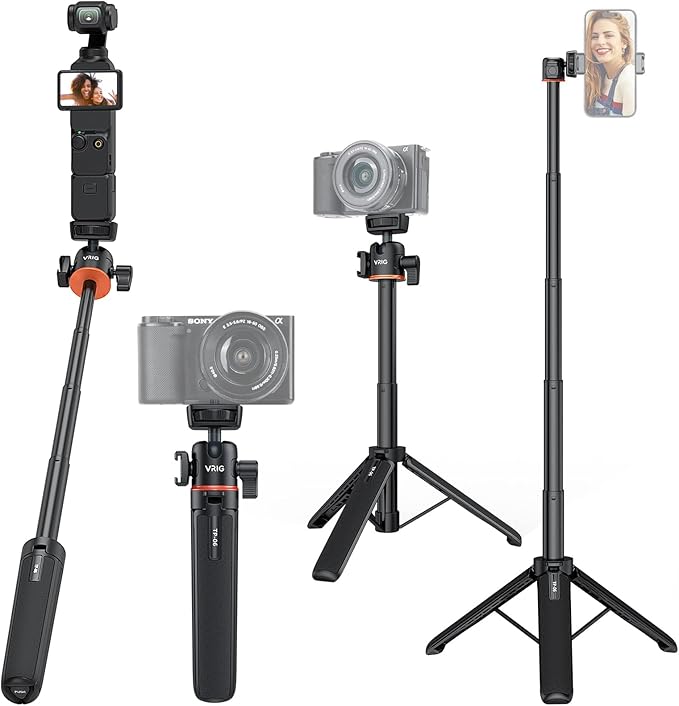 VRIG 21.6" Extension Pole Tripod, Mini Selfie Stick Tripod Stand Handle Grip for DJI Osmo Pocket 3,Insta 360 X5 Webcam Canon G7X Mark III Sony ZV-1 RX100 VII A6400 A6600 Cameras Vlogging