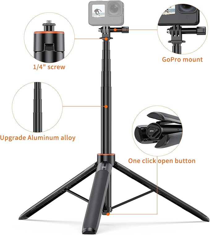VRIG TP21 54inch Telescopic Selfie Stick Long with Tripod, Waterproof Hand Grip with 1/4" Screw for Insta360 X5/X4 /X3/X2 /ACE PRO, DJI Osmo Action 5Pro/4/3,Pocket 3,GoPro Hero 13 12 11 10 9