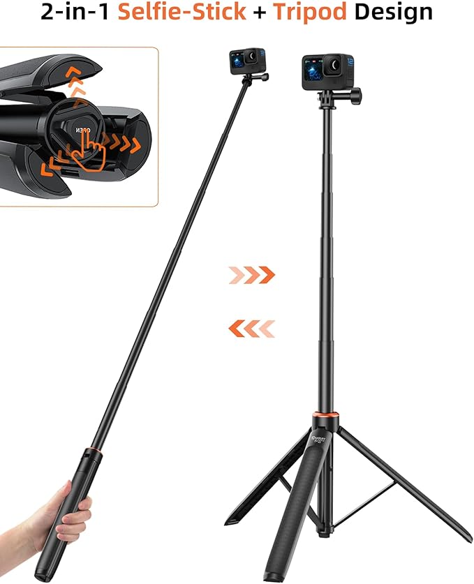 53.5" Selfie Stick Tripod for GoPro, Portable Travel Tripod Stand with Extension Rod for DJI Osmo Pocket 3, Go Pro Hero 13/12/11/10/9/8/Max, DJI Action 5 Pro/4, Insta360 X5/X4, AKASO EK 7000 Camera