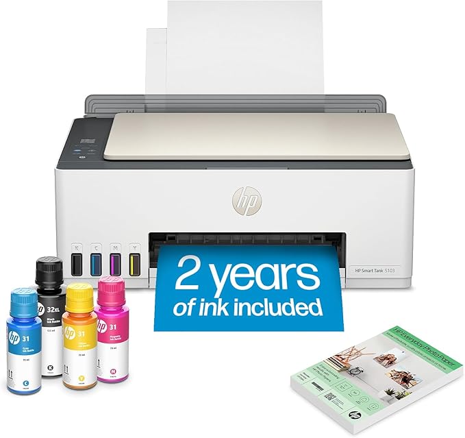 HP Smart Tank 5103 Wireless All-in-One Ink Tank Printer, Scanner, Copier with 2 Years of Ink and 100 Sheets of Photo Paper Included, Best-for-Home, Refillable, AI-Enabled (5D1B2A)