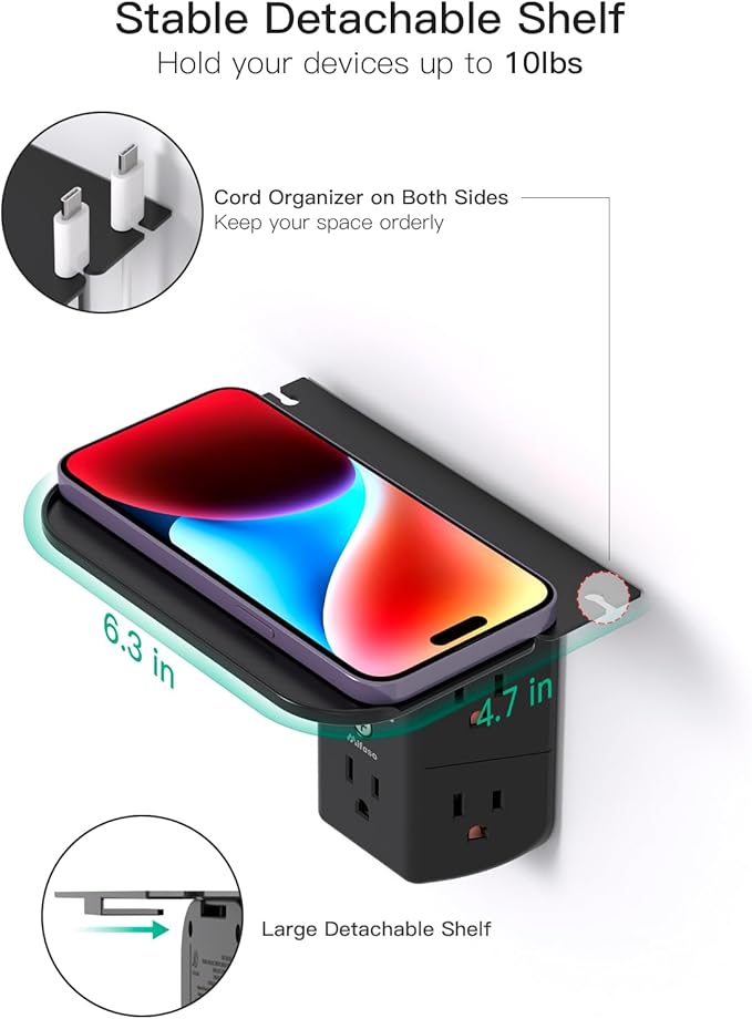 Wall Outlet Extender with Shelf and Night Light,Surge Protector,USB Wall Charger with 5 USB Outlets and 3 USB Ports 1 USB C Outlet