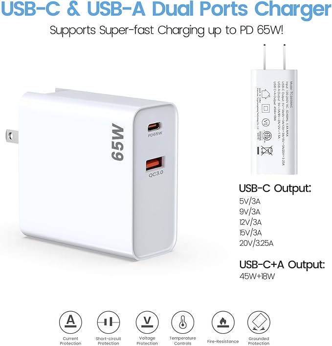 PD 65W USB C Super Fast Charger Compatible with Oculus Quest 3s, Quest 3 - Dual Port USB + Type C Adapter with 6.6ft C to C Charging Cable for Meta Quest 2 and Pico 4 Ultra VR Headsets