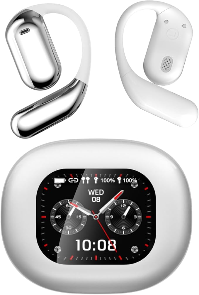 Open Ear Earbud Wireless Bluetooth 5.4 Earbuds,Intelligent Touch Screen Headphones,50H Playtime,Ergonomic Ear Hook,Built-in Mic,LED Display Charging Case,for Sport Running Fitness (Silver)