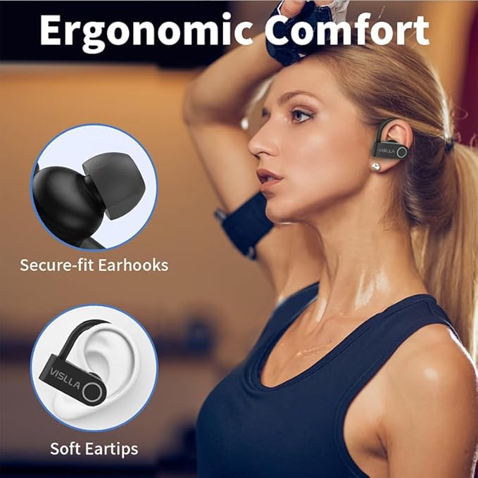 Vislla Wireless Earbuds, Bluetooth Headphones,11H Playback time on a Single Charge, in-Ear Earphones with Earhooks Built-in Microphone Waterproof Sport Earphones for Running Workout Gym Black