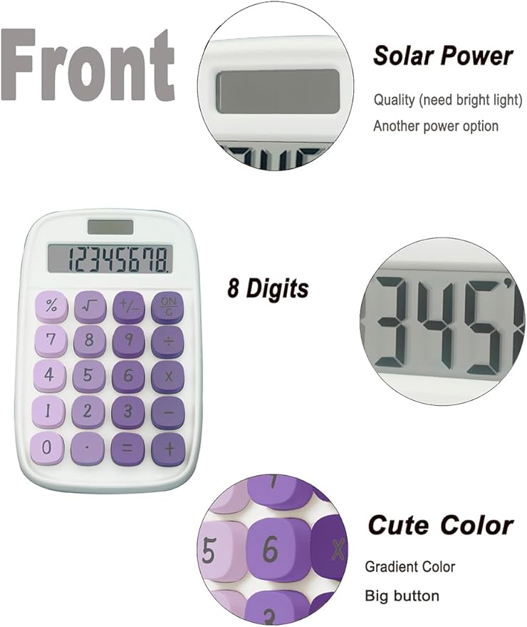 Mechanical Calculator, Cute Calculator with Dual Power 8 Digit Tilt Screen and Big Button for Teachers Students Basic Office (White and Purple)