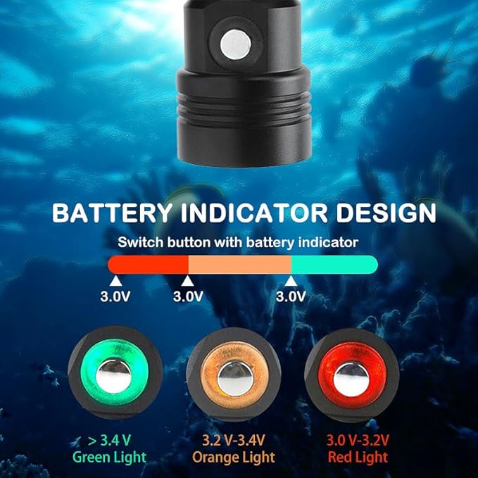WINDFIRE Scuba Diving Headlamp, Rechargeable Dive Light, IPX8 Waterproof Underwater Headlight with 3 Modes & Power Indicator, High Lumen, Long Runtime, Diving Torch for Snorkeling, Cave Exploration