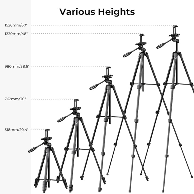 K&F CONCEPT 60'' Portable Travel Tripod, 1.34 lbs Ultra Lightweight with Remote and Cellphone Holder, 360° Panorama, Cold Shoe Interface, Portable for Travel - B174A1