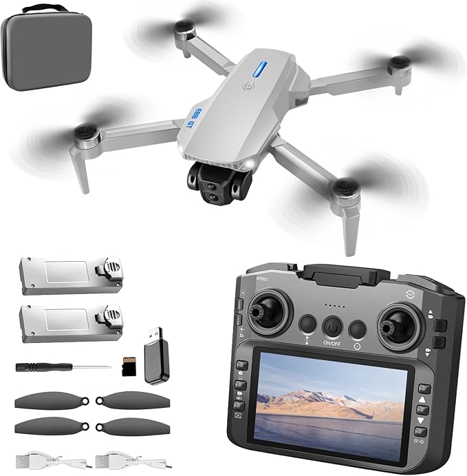 E88 GT Drone with 4.92-Inch Screen Controller,Brushless Motor, Optical Flow Localization, Active Obstacle Avoidance, 2 batteries. (White- 2batteries)