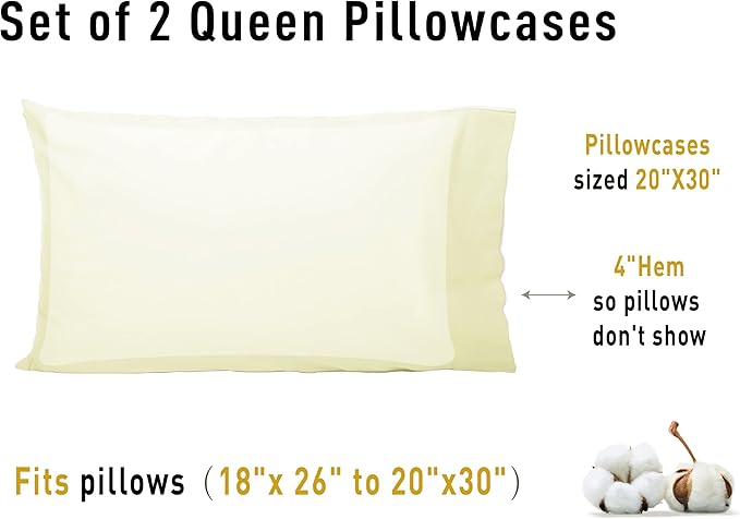 Sunflower Queen Pillowcases Set of 2, 100% Cotton Queen Pillow Cases 2, 20×30 inches Cream, Soft and Breathable