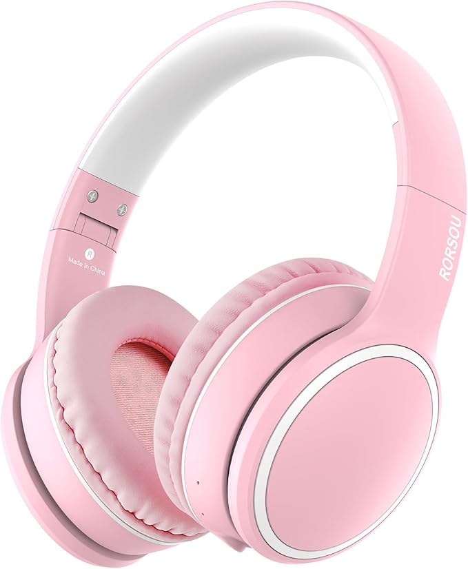 RORSOU B10 Wireless Over-Ear Headphones, Lightweight Folding Stereo Bass Bluetooth Headset with Mic, 50H Playtime, Volume Control, Bluetooth 5.3 Headphones for iPad/Travel/Tablet/PC (Pink)