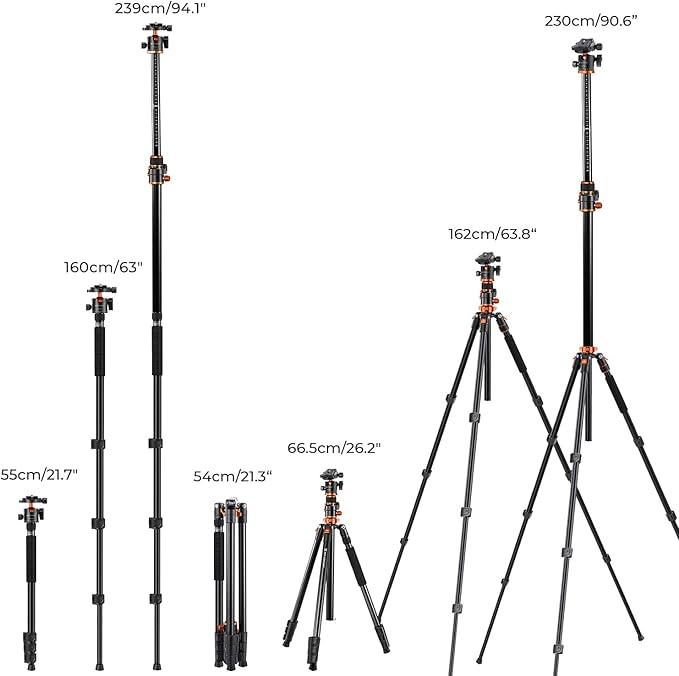 K&F CONCEPT 90''/230cm Ultra High Camera Tripod,Horizontal Overhead Shooting Travel Tripods with Metal Ball Head 10KG Load Capacity,Detachable Monopod, for Indoor and Outdoor Use T254A7+BH-28L