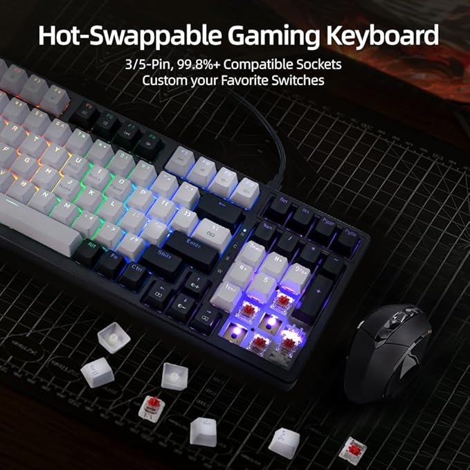 Mechanical Gaming Keyboard, Full Key Percent Compact Wired RGB Backlit Light Up, Red Switches Hot Swappable USB C Creamy Sounding Silent Black Mechanical Keyboard for PC MAC