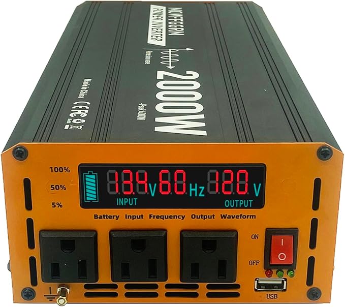 2000W Pure Sine Wave Power Inverter peak-4000 Watt,DC 12V to 110V,with 3xAC,USB Port,LCD Digital Display