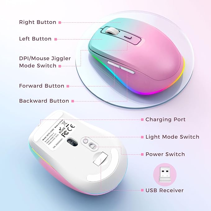 Wireless Mouse Jiggler - LED Wireless Mice with Build-in Mouse Jiggler Mover, Rechargeable Moving Mouse for Computer with Undetectable Random Movement Keeps Computer Awake - Gradient Pink