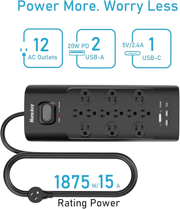 Surge Protector Power Strip (3480J), Huntkey 12 Outlets with 2 USB A Ports and 20W USB C Power Delivery Charging, 6ft Flat Plug, Heavy-Duty Extension Cord for Home, Office, Dorm Essential, ETL Listed