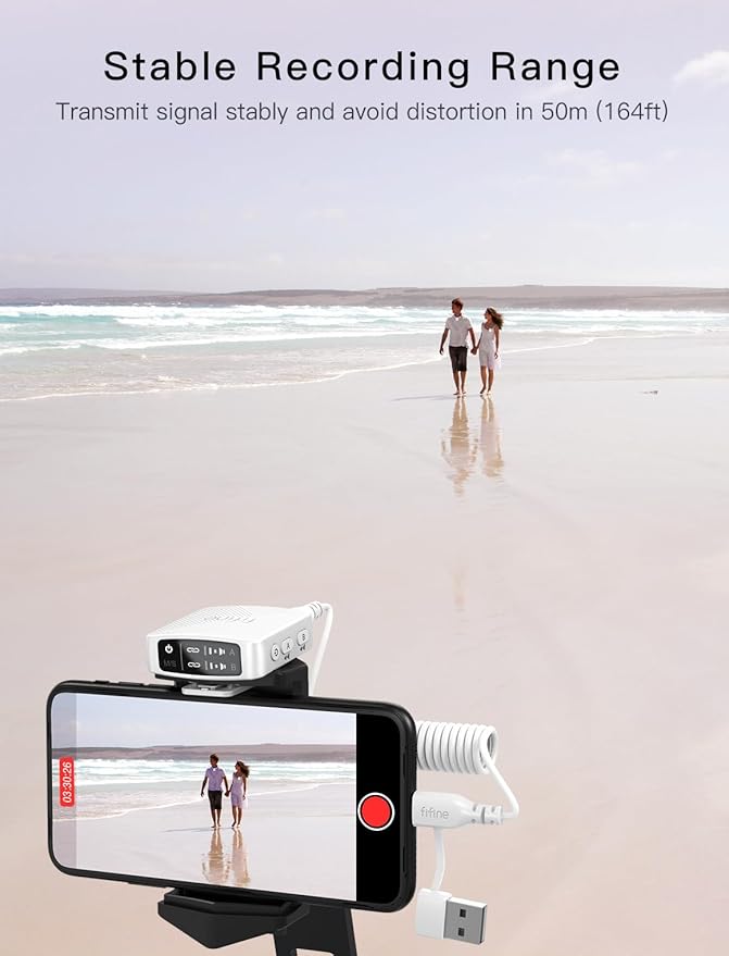 FIFINE Wireless Lavalier Microphone System, Lapel Dual Microphones Clip-on for Video Recording, Vlog, Interview, Podcast Mic Kit Compatible for iPhone, Camera, Smartphone, 30H Battery Life-M9 White