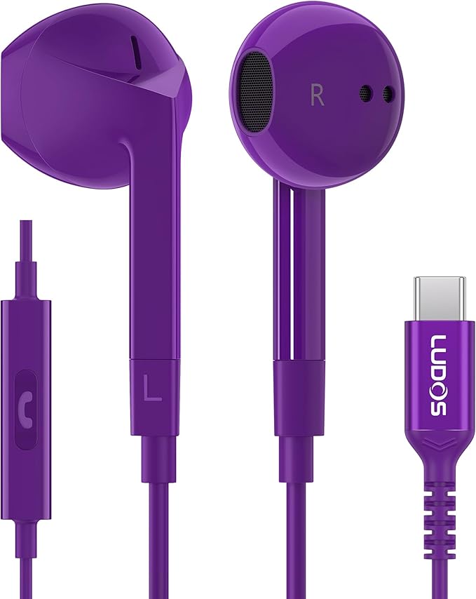 LUDOS FEROX USB C Headphones for iPhone 16 15 Pro Max Plus iPad Pro, 5 Years Warranty, USB-C Earbuds for Samsung Galaxy S24 S23 Ultra S22 S21 S20 A55 A54 A53, USB Type C Earphones - Purple