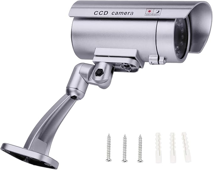 FITNATE Dummy Security Camera, 4 Packs Fake Surveillance Security CCTV Camera System with LED Red Flashing Light for Both Indoor & Outdoor Use + Security Camera Warning Stickers × 4 (Silver)