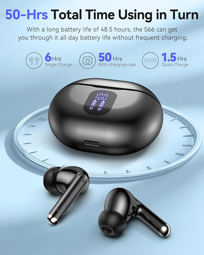 Bluetooth Headphones True Wireless Earbuds 50H Playback LED Power Display Earphones with Charging Case IPX7 Waterproof in-Ear Ear Buds with Mic for Smart Phone Computer Sports, Black