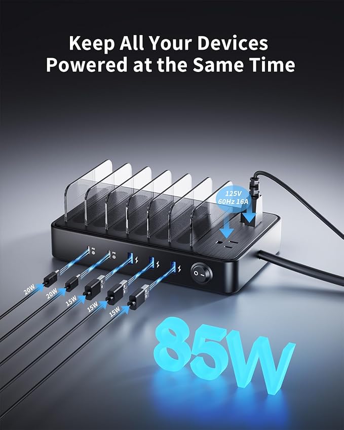 85W Charging Station for Multiple Devices, 7-in-1 Power Strip with 2 AC, 2 USB C, 3 USB A, USB C Charging Hub for MacBook, iPhone, Android & More, USB Desk Charger, Black