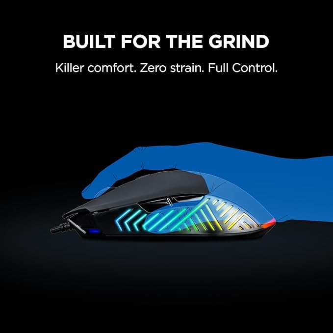 Rampage Spear V2 Black Wired Gaming Mouse with RGB Lighting – 12800 DPI, 7 Programmable Buttons, Lightweight Ergonomic Gaming Mouse for PC/Mac/Laptop Gamers