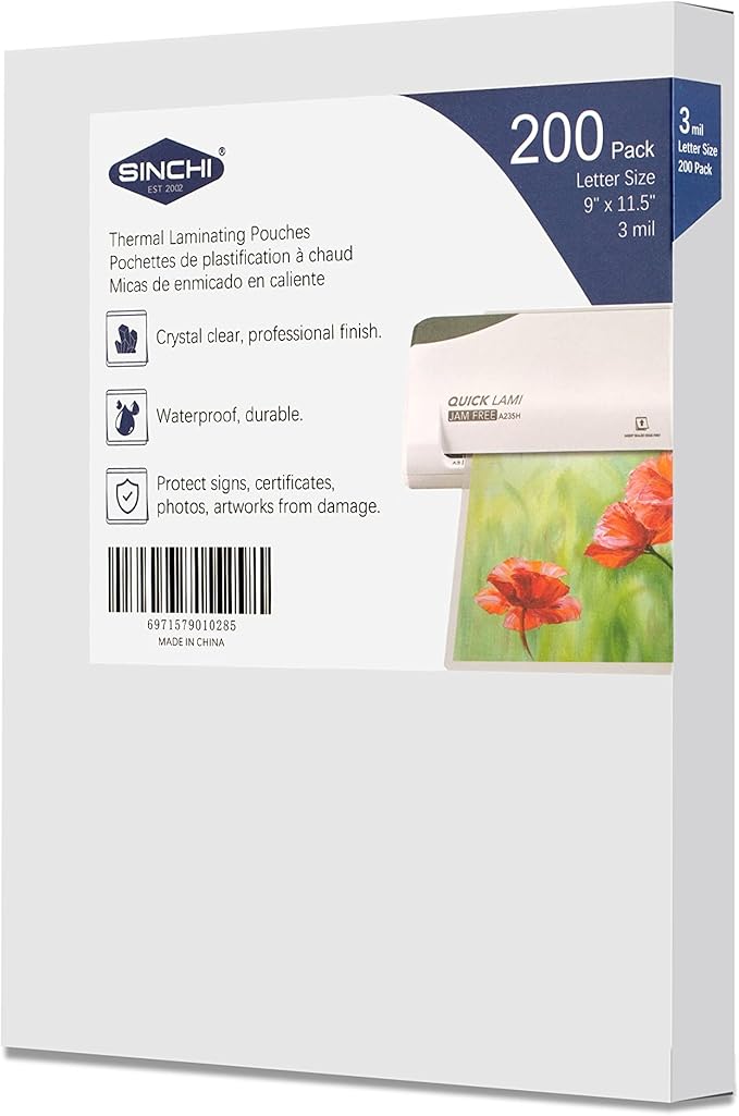 SINCHI Thermal Laminating Pouches, 3 mil, Clear, 200 Pack, 9x11.5-Inches Letter Size Laminating Sheets