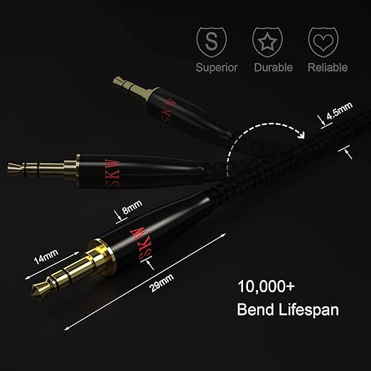 SKW Aux Cable for Car(Hi-Fi Sound),3.5 mm Stereo Audio Cable, 1/8″ Headphone Jack Cord for Home Stereo, iPhone, iPod, IPad, Echo Dot, Sony & More 3.2(1m)
