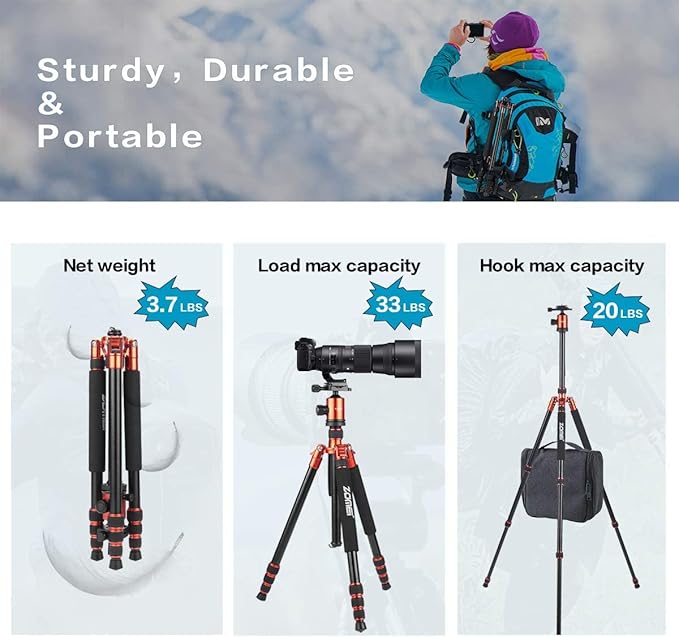 ZOMEI Heavy Duty Camera Tripod Travel Z818 Aluminium Alloy Monopod with 360 Panorama Ball Head Quick Release Plate(Orange)