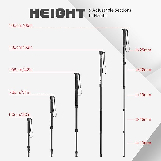 TONYBOO TE-2 65 inch Camera Monopod, Aluminum Photography Monopod with 5-Section Height Portable Compact Lightweight Travel Stick Pole,Camera Stand for DSLR Canon Nikon Sony, Easy to Carry