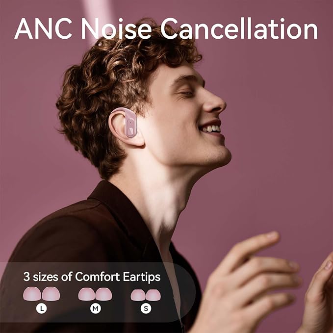 occiam ANC Noise Cancelling Ear Buds Wireless Earbuds Bluetooth Headphones 96Hrs Playback LED Display Over-Ear Waterproof Earphones with Earhooks Mics Clear Call for Sport Running Workout Pink