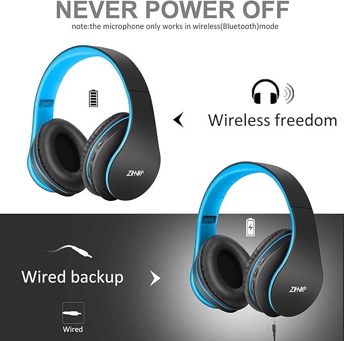 ZIHNIC Bluetooth Headphones Over-Ear, Foldable Wireless and Wired Stereo Headset Micro SD/TF, FM for Cell Phone,PC,Soft Earmuffs &Light Weight for Prolonged Wearing (Black/Blue)